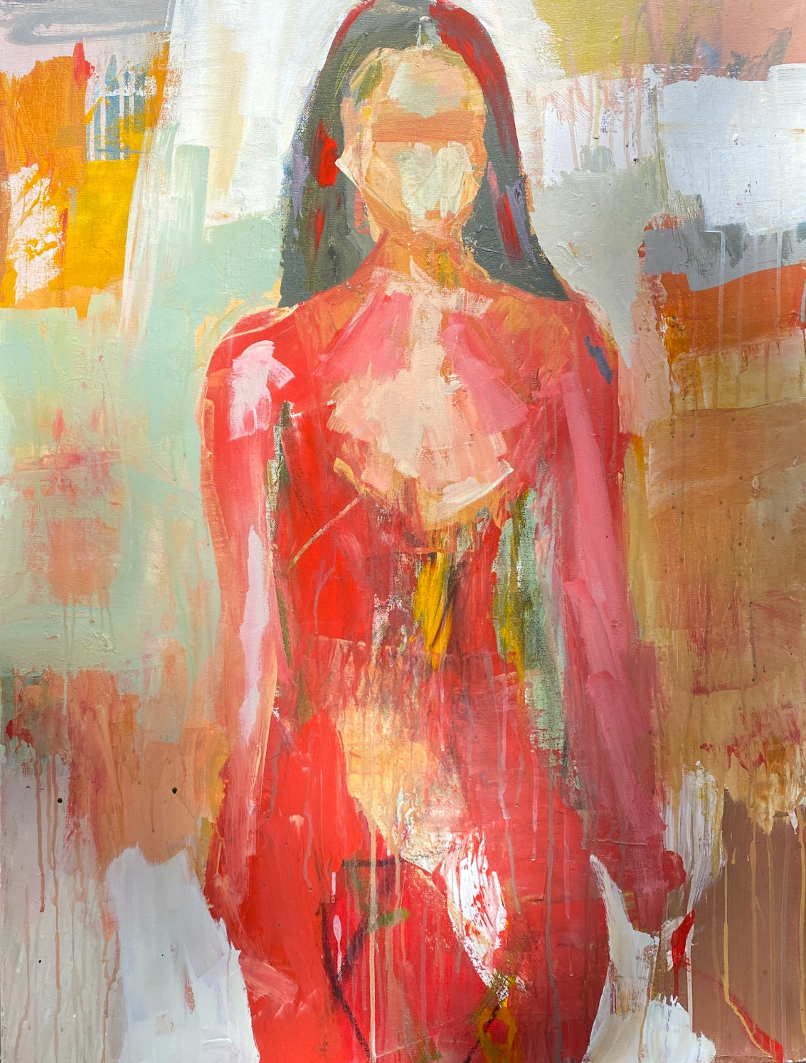 This image features an abstract acrylic painting titled "Crimson Wear". The artwork is painted on a 1.