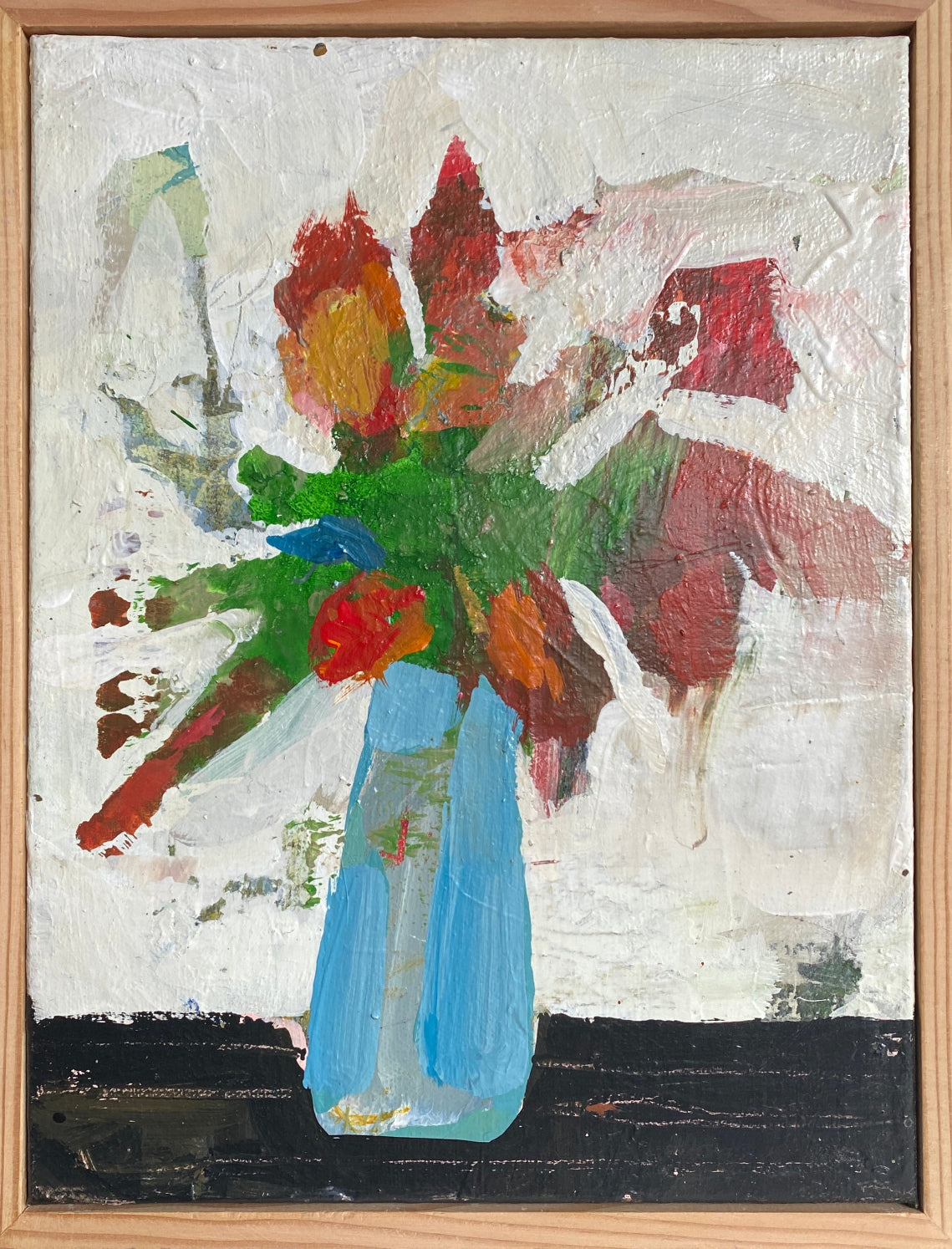 Framed acrylic paint on canvas depicting an abstract floral vase in blue with surrounding green and red elements.