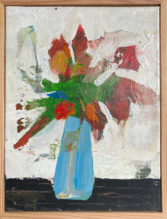 Framed acrylic paint on canvas depicting an abstract floral vase in blue with surrounding green and red elements.