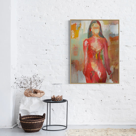 Artistic depiction of a woman in a red dress hanging on a white wall.