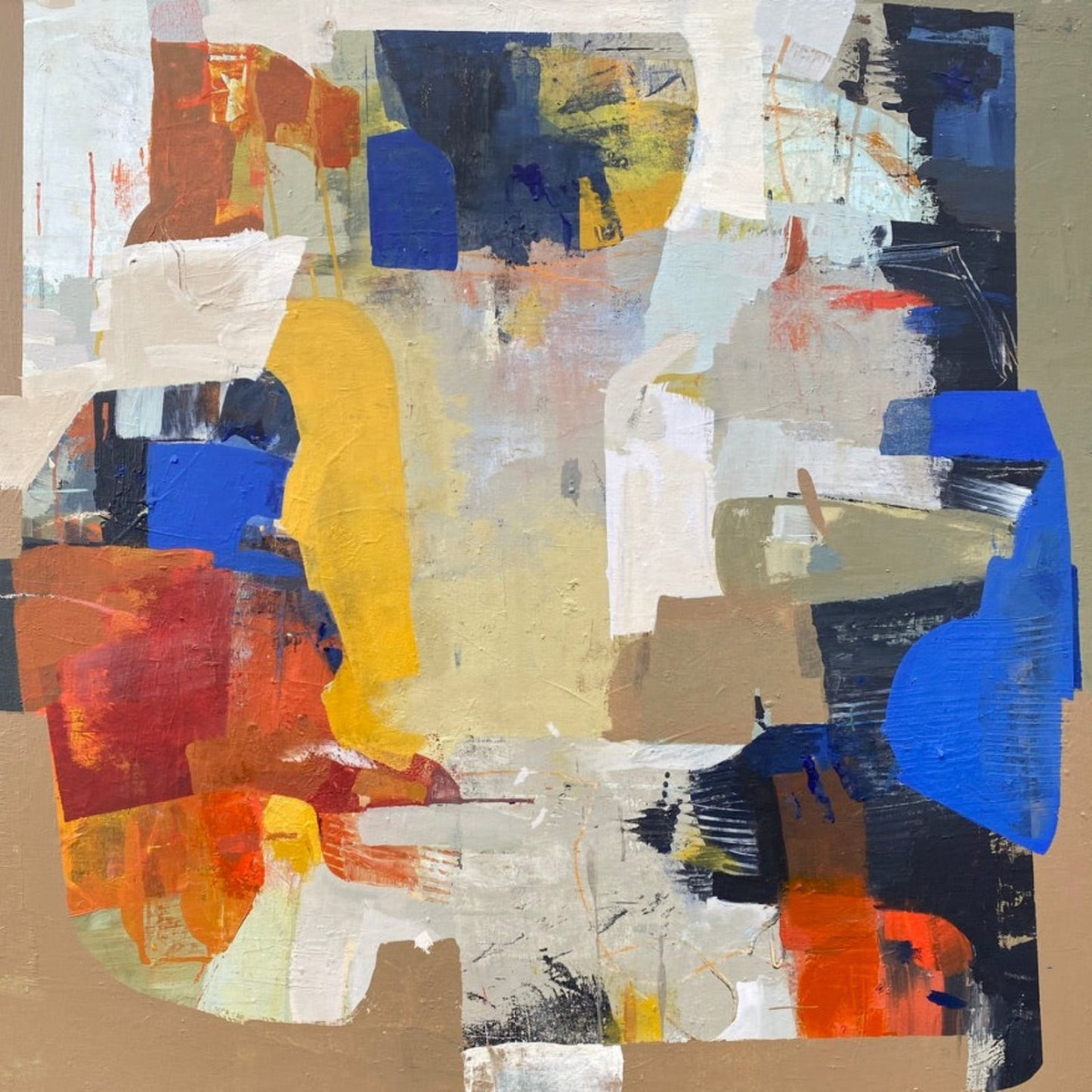 Abstract art piece with colorful geometric shapes on a beige background