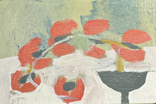 Abstract artwork with red flowers and a black bowl on a textured background