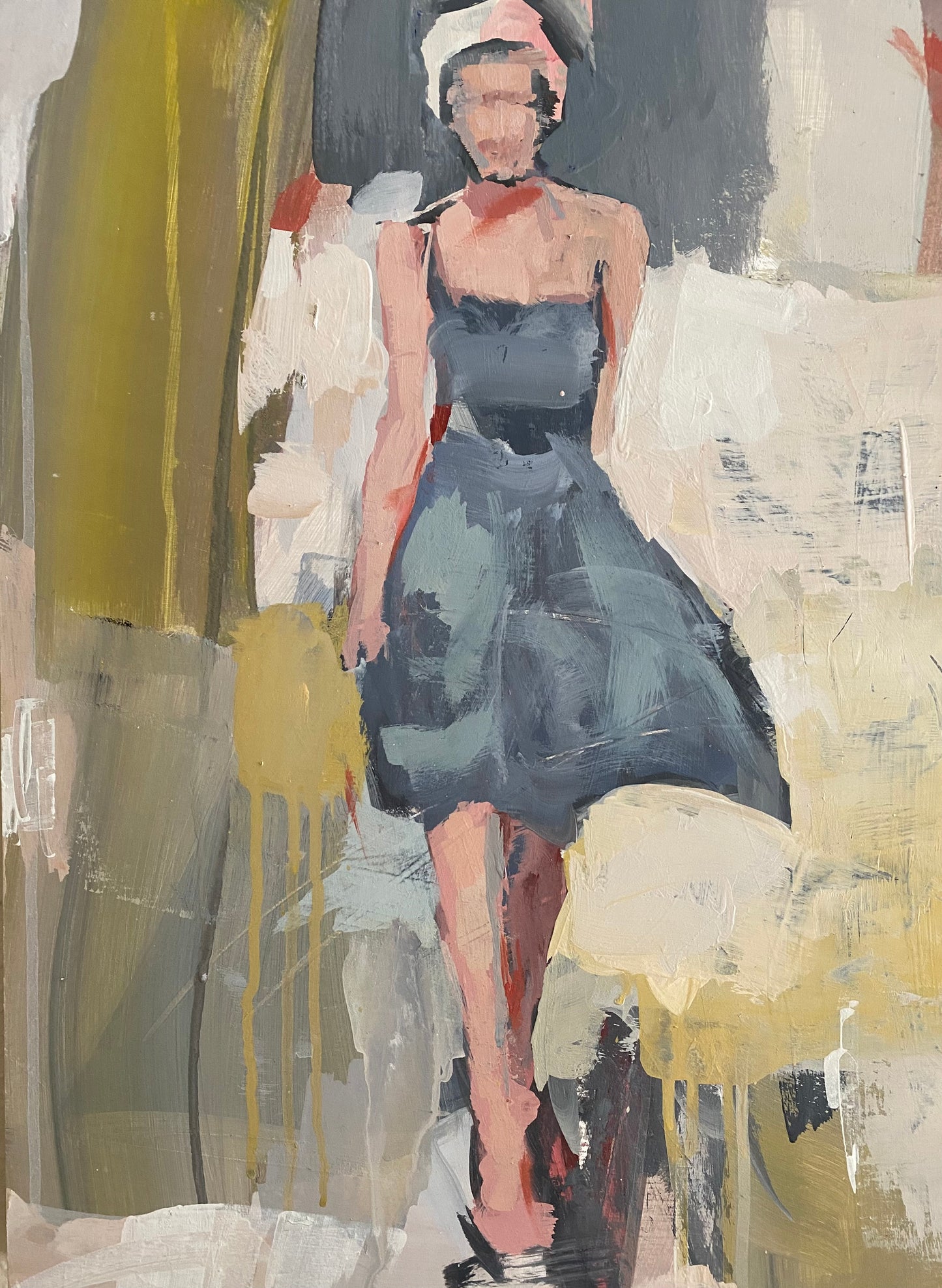 Abstract figure painting A woman in a blue dress, standing gracefully in a serene setting