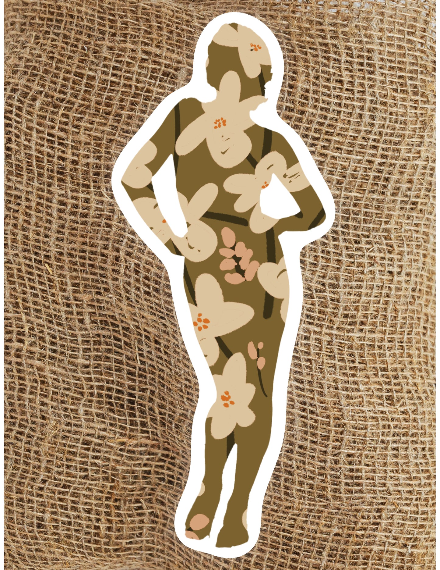 Olive Funky Floral Figure Waterproof Vinyl Sticker, 1.9X3 in.