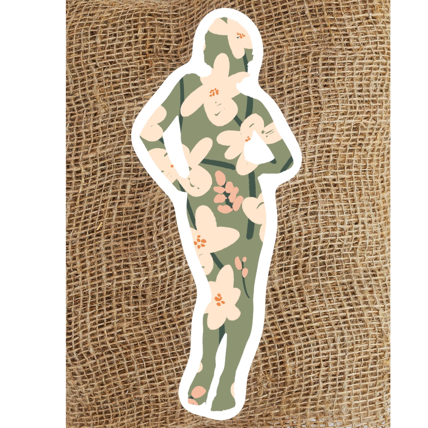 Sage Funky Floral Figure Waterproof Vinyl Sticker, 1.9X3 in.