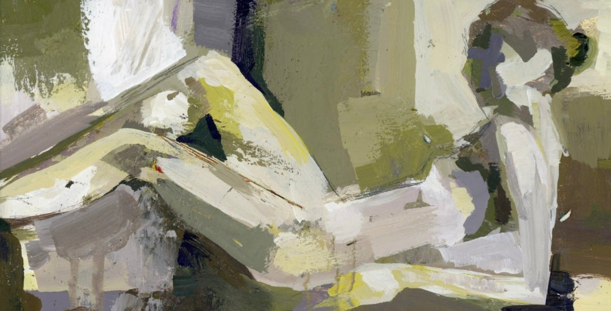 This image features a section of an abstract painting that employs a palette of blue, cream, green, and beige to depict a nude female figure. The artwork, characterized by its mixed media on board, conveys a sense of motion and emotion through its textured and loosely defined forms.