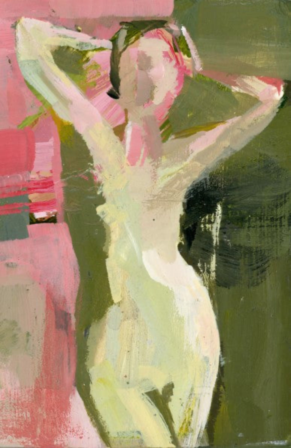 This image features an abstract painting titled "Rosy has Left the Building," represented as an acrylic on board artwork. The painting depicts a nude female figure, portrayed in an abstract style with soft, blended brushstrokes.