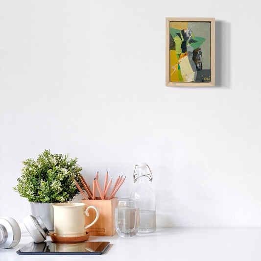 Decorative items on a shelf with a framed painting above