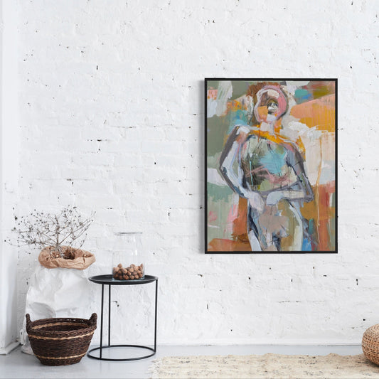 Abstract painting on a white wall with decorative items below