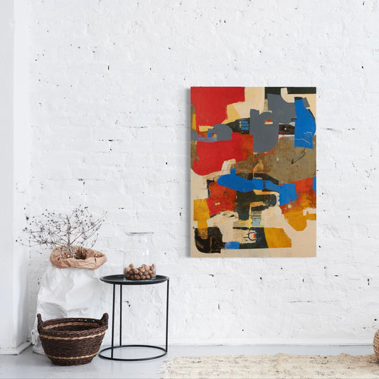 Abstract painting on a white wall with minimal decor