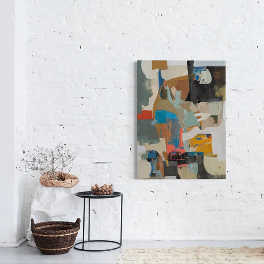 Abstract painting on a white wall with decorative elements below