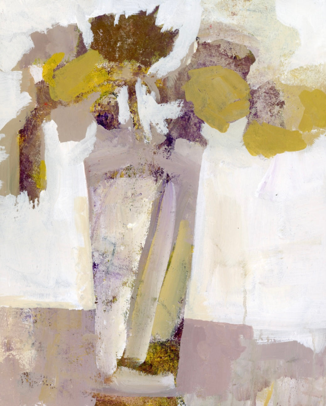 Abstract art piece with geometric shapes in white, yellow, and gray.