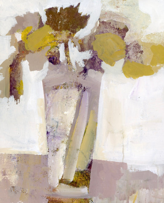 Abstract art piece with geometric shapes in white, yellow, and gray.