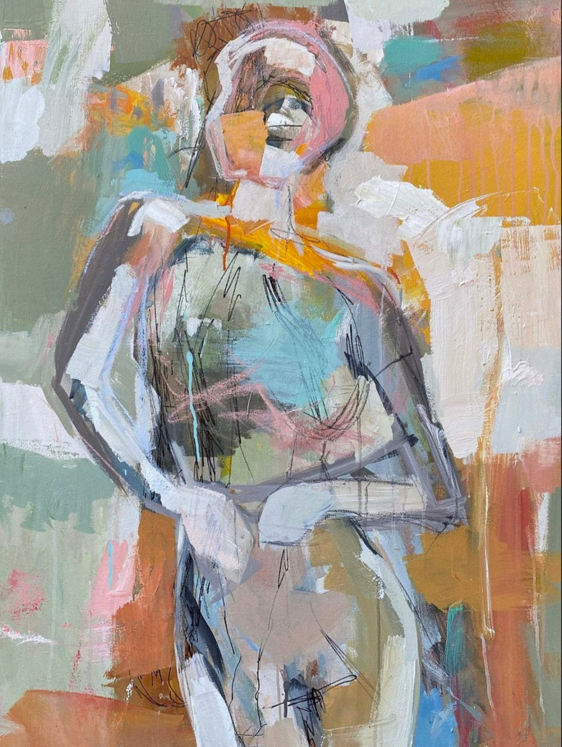This image features an abstract acrylic painting titled "Internal Linguistics." The artwork is executed on a 30x40 canvas that is 1.