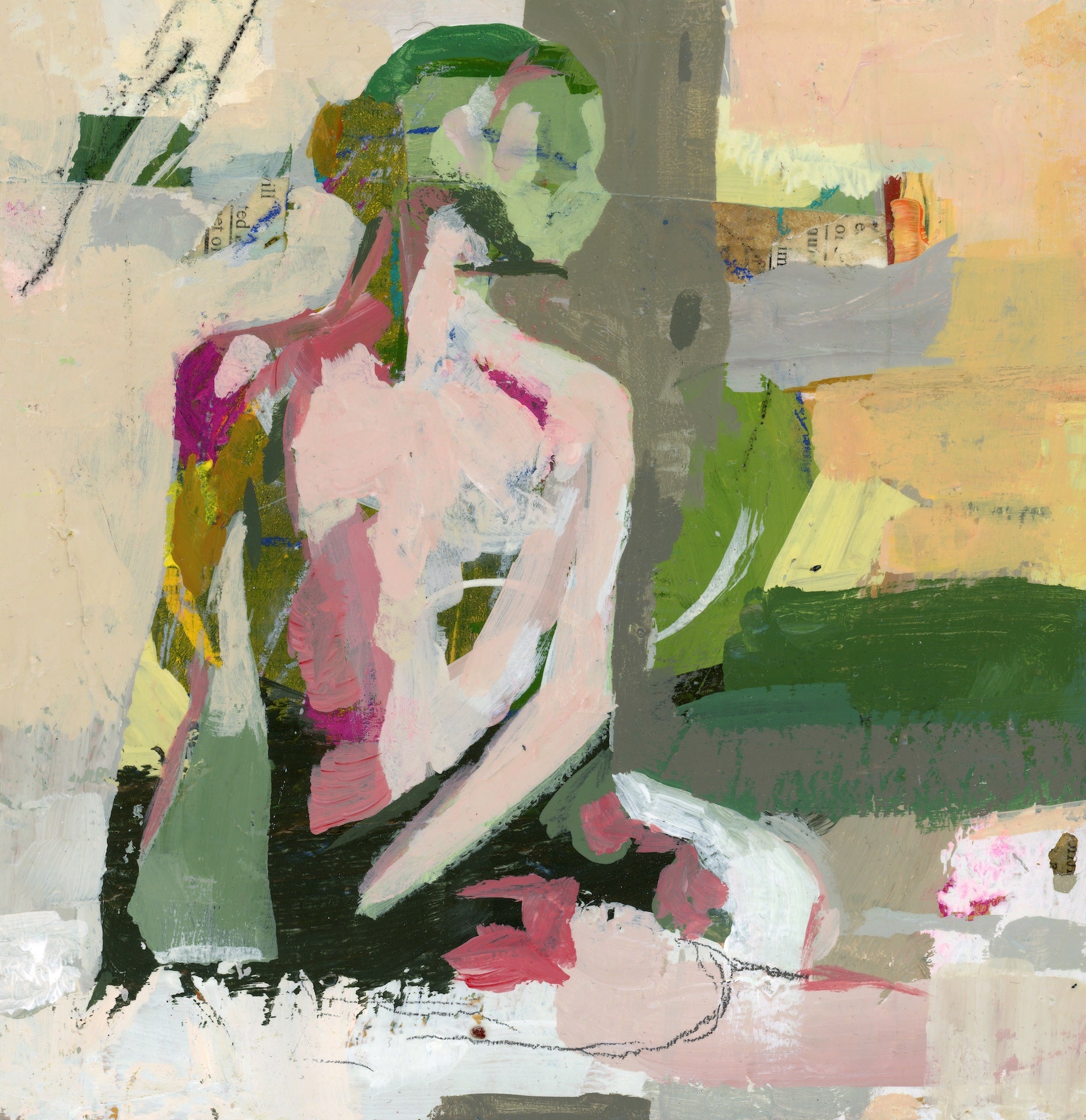 This image features an 8x8 acrylic painting titled "Magenta Accented FRAMED." The artwork depicts an abstract, collage-style portrayal of a figure, utilizing predominantly pink and green hues with accents of black and white.