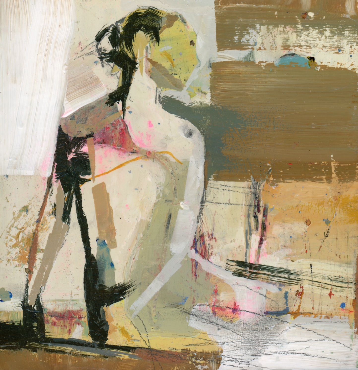 Acrylic paint and collage on a wooden panel, depicting an abstract figure, protected with water-based varnish, in a framed artwork.
