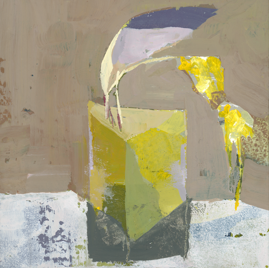 Abstract floral art piece with geometric shapes in yellow, green, and gray on a textured background