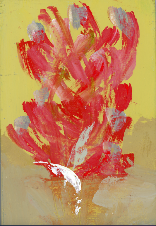 Abstract floral painting with red and white brush strokes on a yellow background