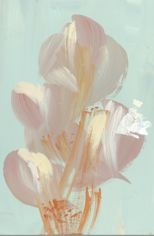 Abstract floral painting with pink and orange brush strokes on a light blue background