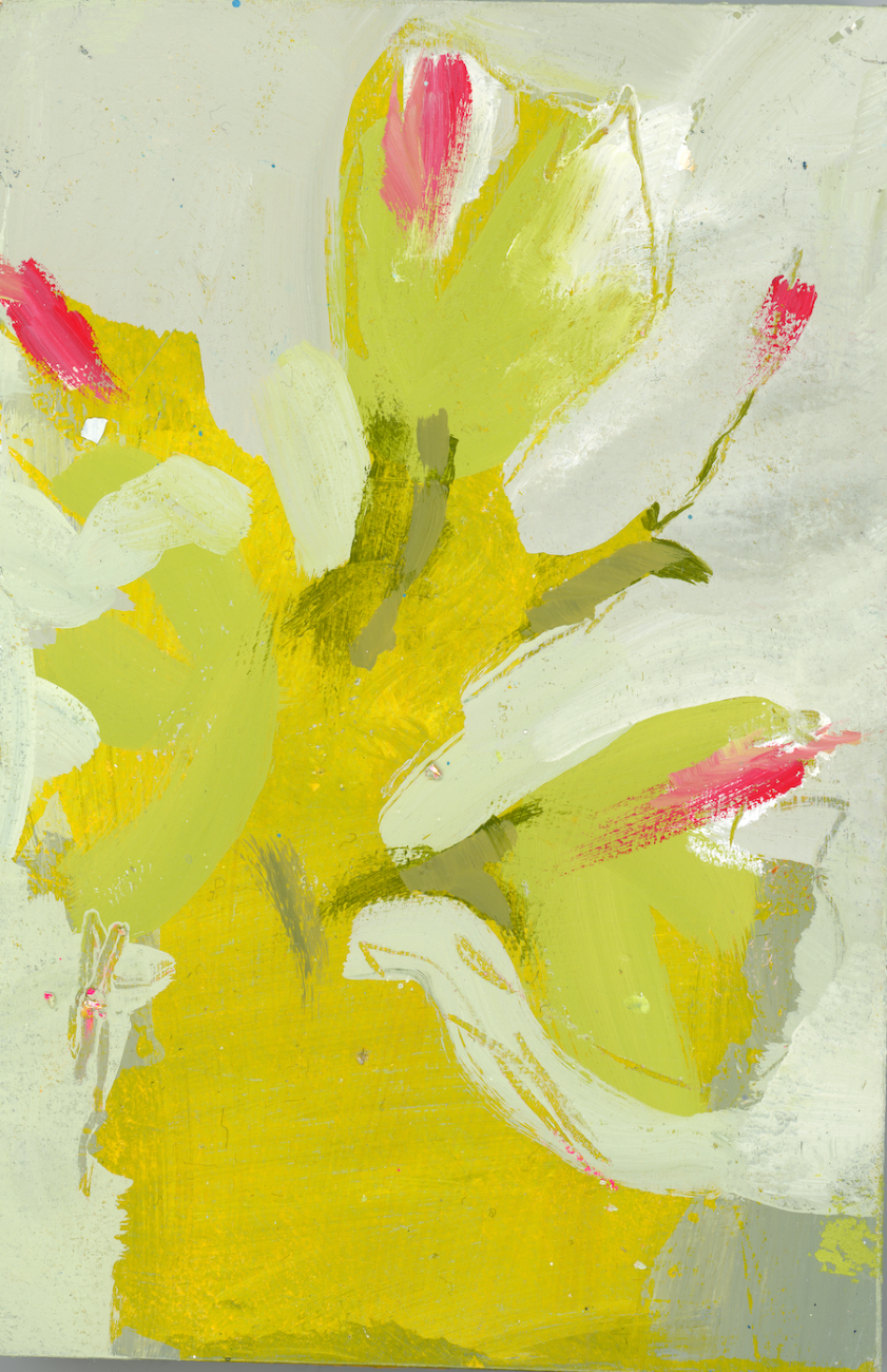 Abstract floral art piece with yellow, green, and pink colors on a light gray background