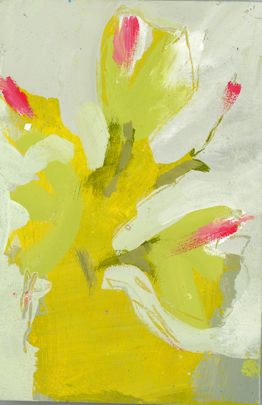 Abstract floral art piece with yellow, green, and pink colors on a light gray background