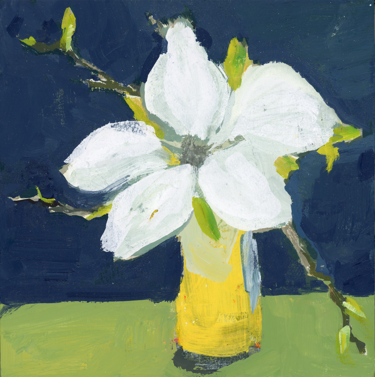 White flowers in a yellow vase on a dark blue and green background