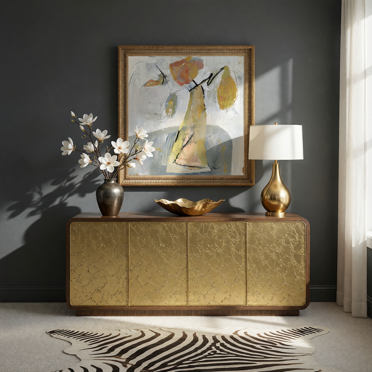 A mid-century modern sideboard cabinet with a textured gold metallic finish and dark wood trim, styled in a room with a dark gray wall, a gold-framed abstract painting, a gold table lamp, a vase of white flowers, and a zebra-print rug.