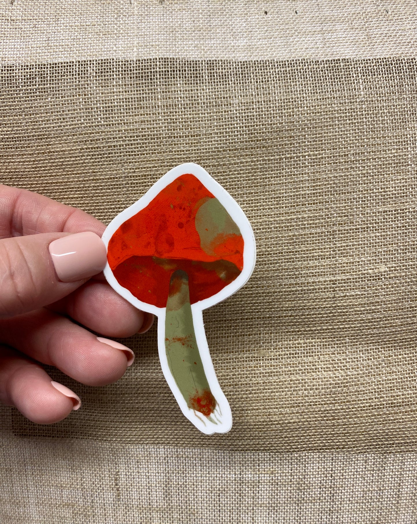 Small Red Mushroom Waterproof Vinyl Sticker, 1.8X3 in.