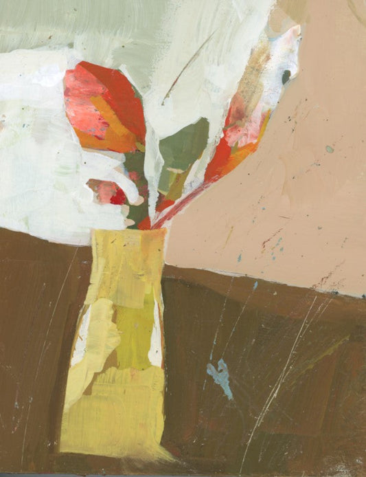 A painting of a vase with multicolored flowers on a beige surface with a brown background.