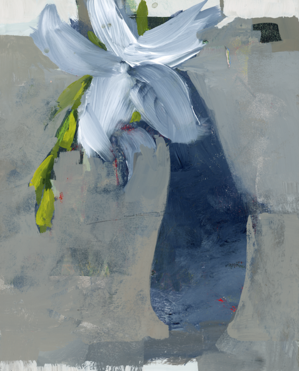 Abstract floral painting with blue, gray, and green colors on a textured surface