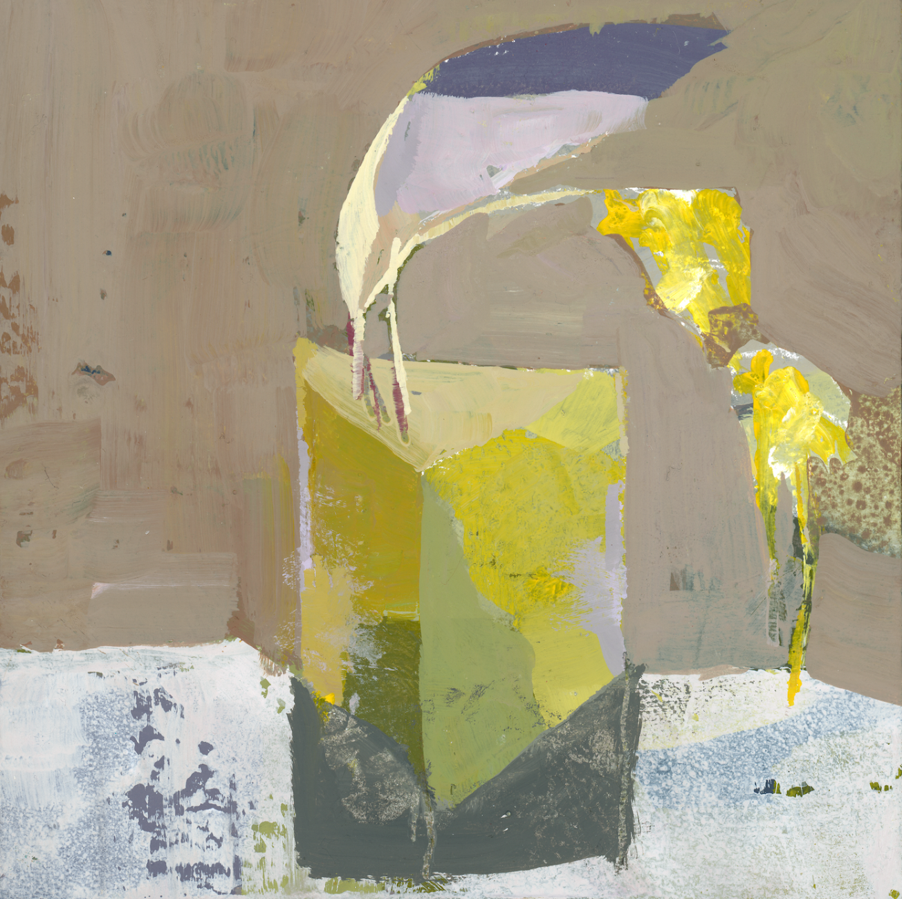 Abstract floral art piece with geometric shapes in yellow, green, and gray on a textured background