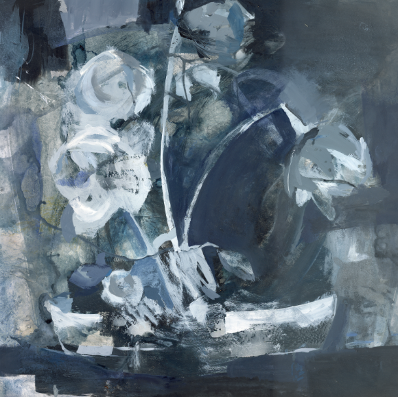 An abstract still life painting featuring blue, gray, white, and black tones, with painterly brushstrokes forming shapes suggestive of flowers, a bowl, and a spoon.